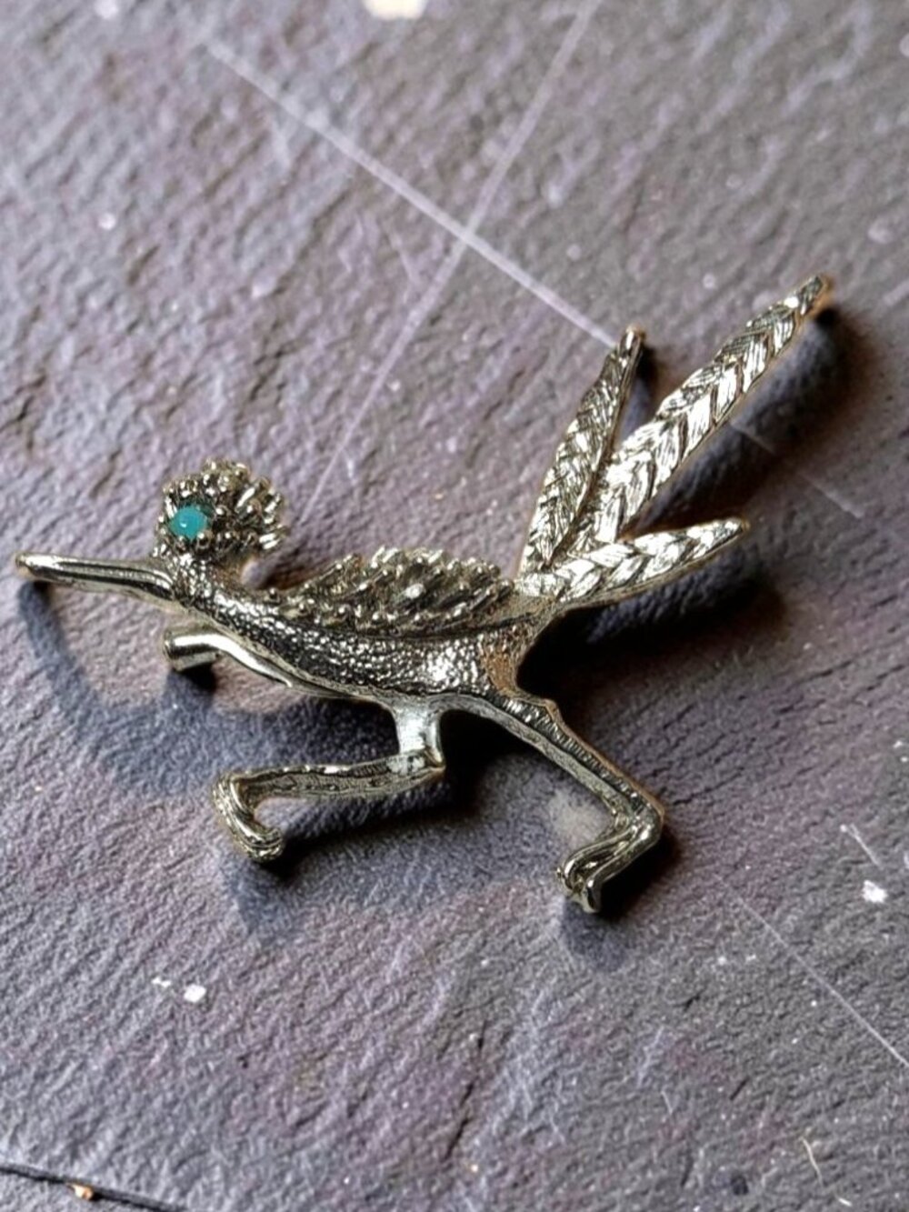 Vintage Silver Tone Roadrunner Brooch Pin with Turquoise Eye.
